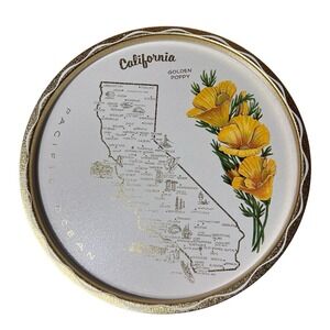 Vintage California Map Souvenir Litho Metal Tray Gold State Flower Poppy Floral